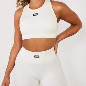 S‎ VQ Vanquish Ribbed Seamless Fitness Leggings Athletic Gym Marshmallow white